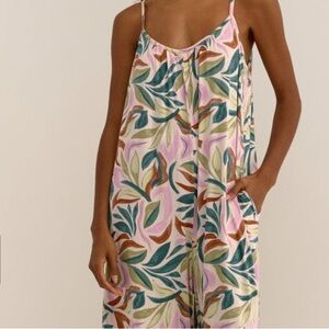 Z Supply Pink Multi Leaf-Print Wide-Leg Jumpsuit